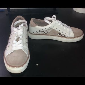 Tan, white, and snakeskin sneakers